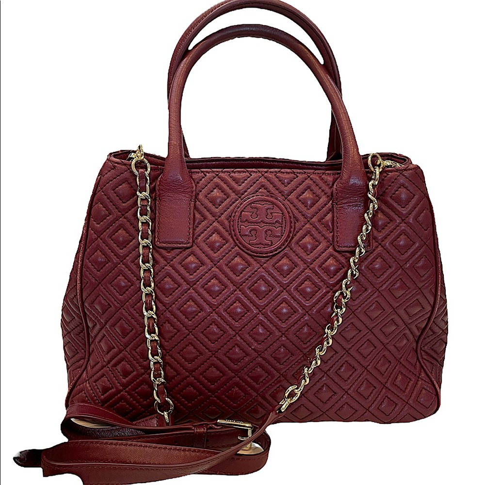 TORY BURCH Deep Berry Burgundy Fleming Quilted Leather Bag